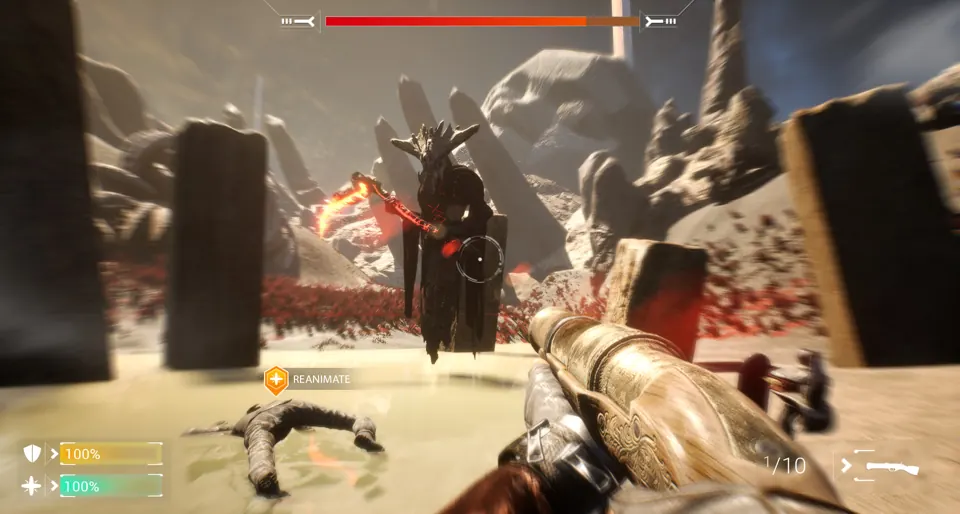 A guardian faces a towering armored demon in a sunlit canyon