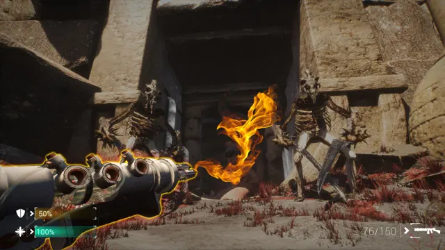 Flame weapon combat against a demon in ancient ruins