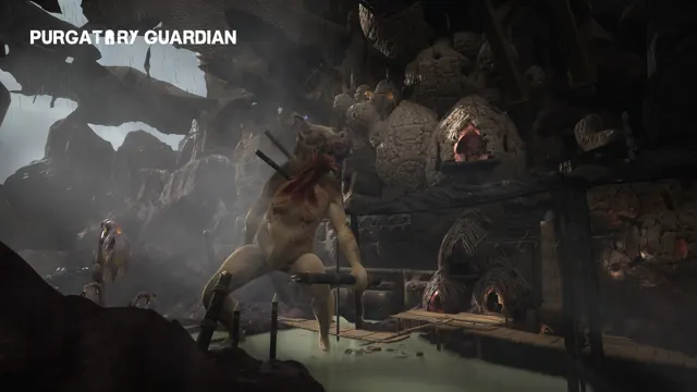 A giant creature stands amongst weathered temples