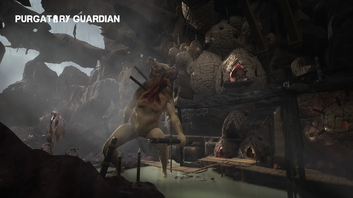 A monumental stone temple and creature in the ruins of Purgatory